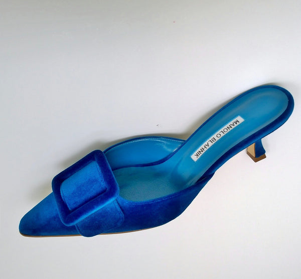 Manolo Blahnik Blue Pool Velvet Maysale 50 Mules New Heels