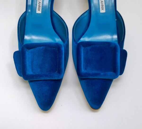 Manolo Blahnik Blue Pool Velvet Maysale 50 Mules New Heels