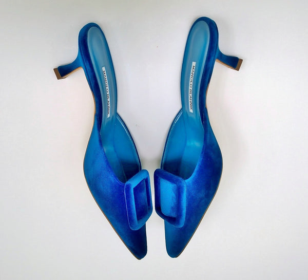 Manolo Blahnik Blue Pool Velvet Maysale 50 Mules New Heels