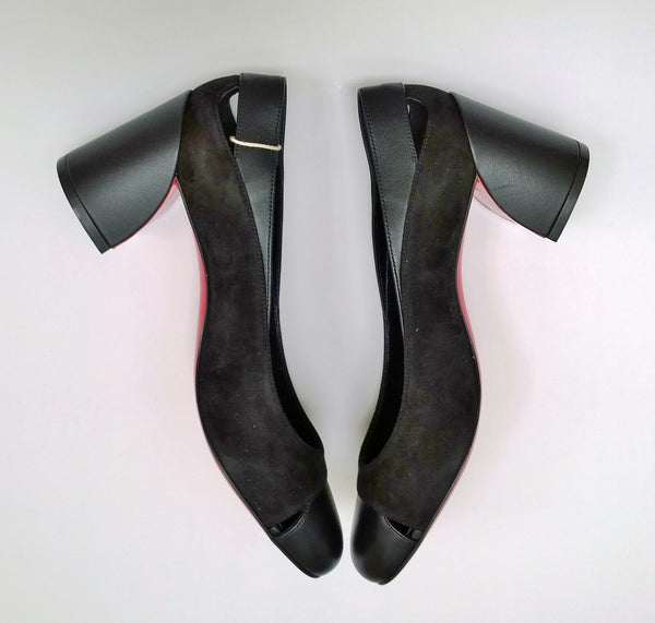 Christian Louboutin Miss Duvette 55 Cutout Leather and Suede Block Heels New in Box