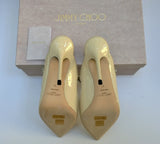 Jimmy Choo Bing 100 Linen Cream Patent Rhinestone Mules Heels