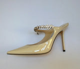 Jimmy Choo Bing 100 Linen Cream Patent Rhinestone Mules Heels