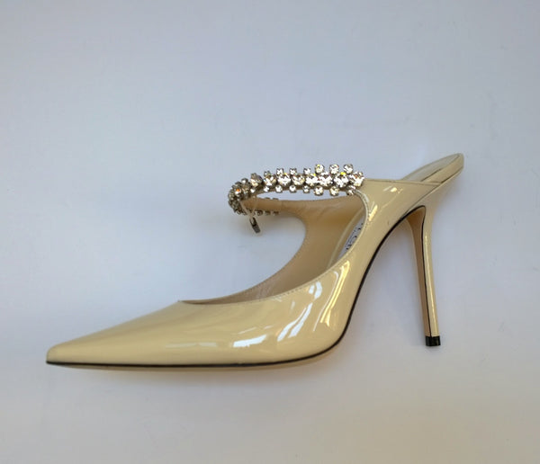 Jimmy Choo Bing 100 Linen Cream Patent Rhinestone Mules Heels