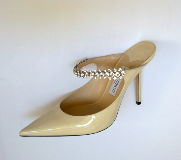 Jimmy Choo Bing 100 Linen Cream Patent Rhinestone Mules Heels