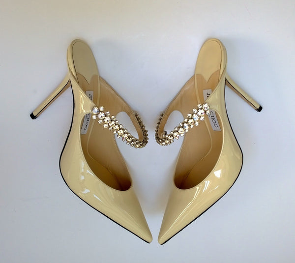 Jimmy Choo Bing 100 Linen Cream Patent Rhinestone Mules Heels
