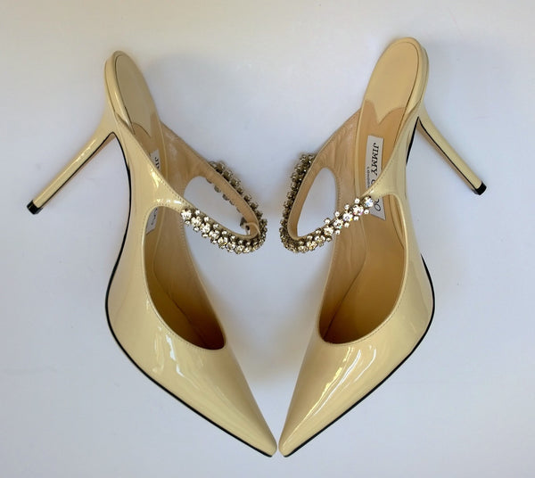 Jimmy Choo Bing 100 Linen Cream Patent Rhinestone Mules Heels