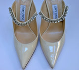 Jimmy Choo Bing 100 Linen Cream Patent Rhinestone Mules Heels