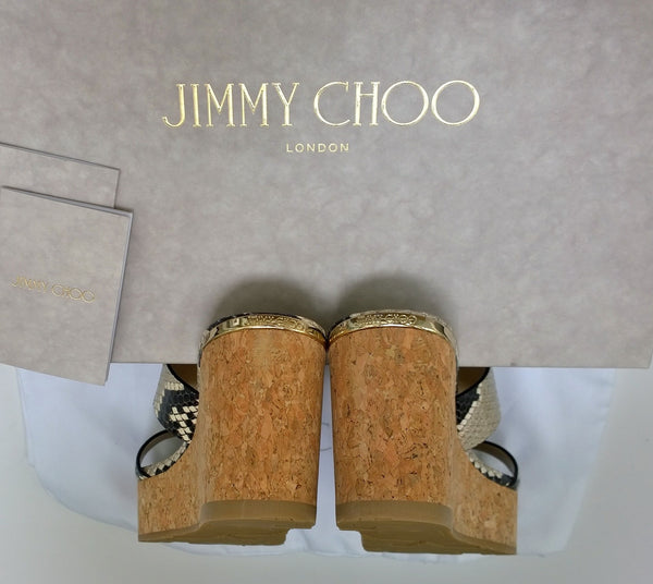 Jimmy Choo Atia 75 Snake Print Leather Cork Wedge Sandals Heels in Natural New in Box