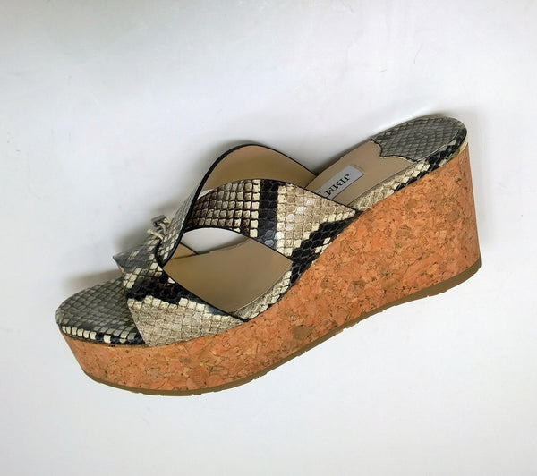 Jimmy Choo Atia 75 Snake Print Leather Cork Wedge Sandals Heels in Natural New in Box