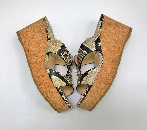 Jimmy Choo Atia 75 Snake Print Leather Cork Wedge Sandals Heels in Natural New in Box