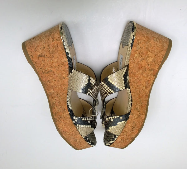 Jimmy Choo Atia 75 Snake Print Leather Cork Wedge Sandals Heels in Natural New in Box