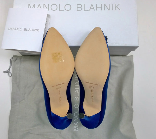 Manolo Blahnik Bright Blue Satin Hangisi 105 Rhinestone Buckle Heels