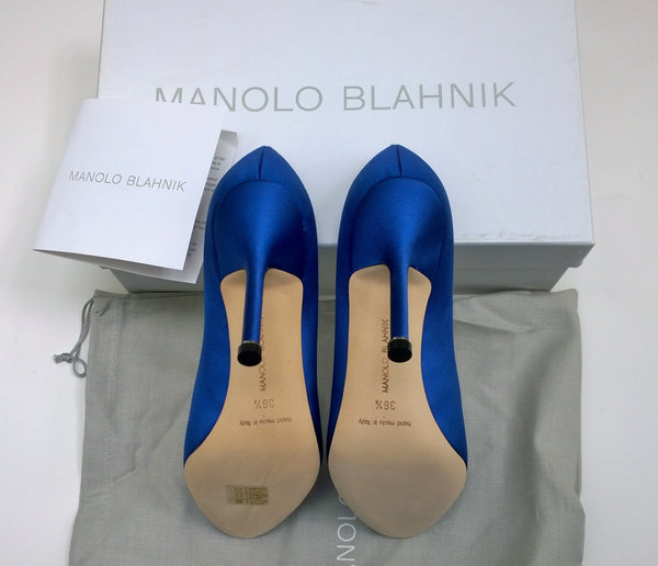 Manolo Blahnik Bright Blue Satin Hangisi 105 Rhinestone Buckle Heels