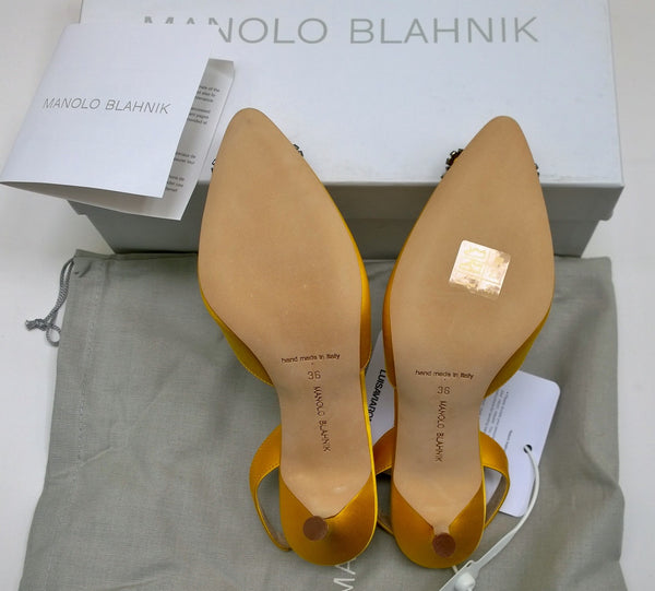 Manolo Blahnik Hangisi 70 Bright Yellow Satin Slingback Heels New with Box