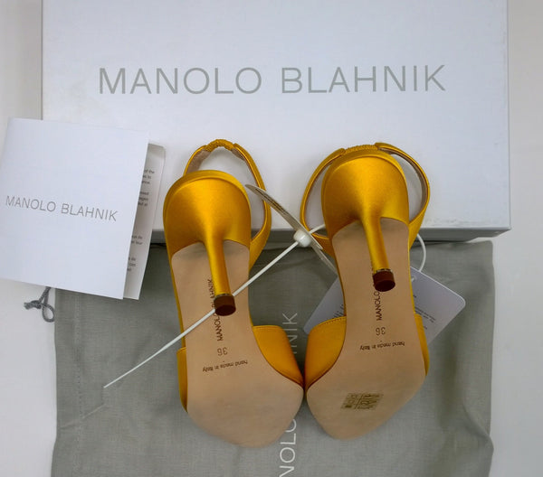 Manolo Blahnik Hangisi 70 Bright Yellow Satin Slingback Heels New with Box