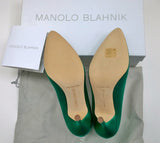 Manolo Blahnik Bright Green Satin 105 Hangisi Dark Strass Rhinestone Buckle Heels Emerald New in Box