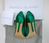 Manolo Blahnik Bright Green Satin 105 Hangisi Dark Strass Rhinestone Buckle Heels Emerald New in Box