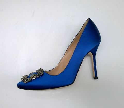 Manolo Blahnik Bright Blue Satin Hangisi 105 Rhinestone Buckle Heels