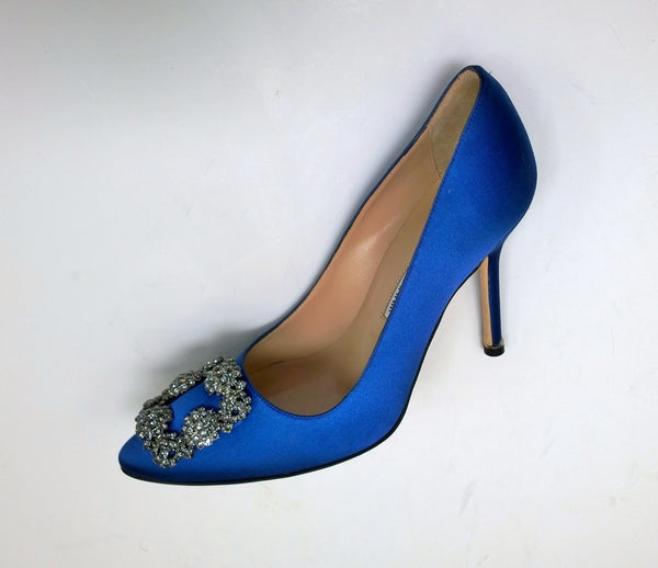 Manolo Blahnik Bright Blue Satin Hangisi 105 Rhinestone Buckle Heels