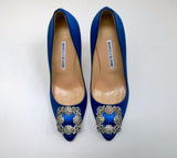 Manolo Blahnik Bright Blue Satin Hangisi 105 Rhinestone Buckle Heels