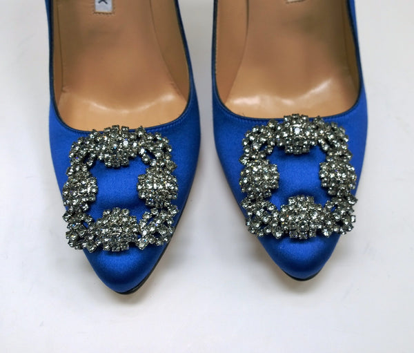 Manolo Blahnik Bright Blue Satin Hangisi 105 Rhinestone Buckle Heels