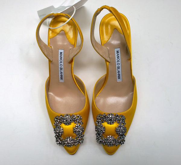 Manolo Blahnik Hangisi 70 Bright Yellow Satin Slingback Heels New with Box