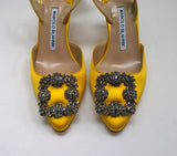 Manolo Blahnik Hangisi 70 Bright Yellow Satin Slingback Heels New with Box