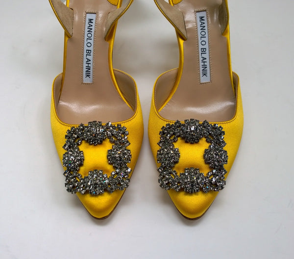 Manolo Blahnik Hangisi 70 Bright Yellow Satin Slingback Heels New with Box