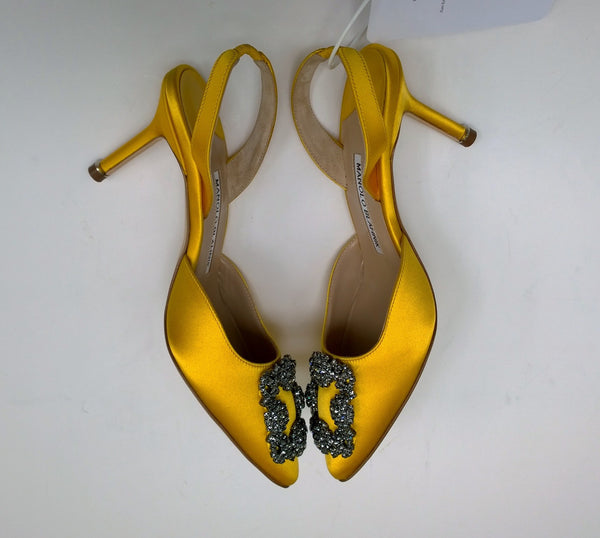 Manolo Blahnik Hangisi 70 Bright Yellow Satin Slingback Heels New with Box