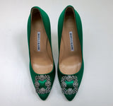 Manolo Blahnik Bright Green Satin 105 Hangisi Dark Strass Rhinestone Buckle Heels Emerald New in Box