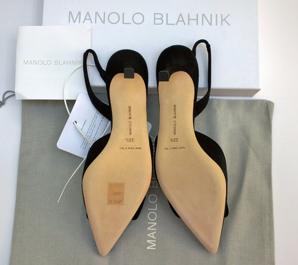 Manolo Blahnik Maysali 70 Slingback Black Suede Heels New in Box