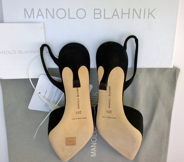 Manolo Blahnik Maysali 70 Slingback Black Suede Heels New in Box