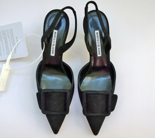 Manolo Blahnik Maysali 70 Slingback Black Suede Heels New in Box