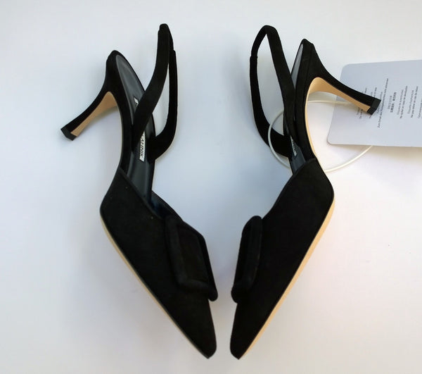 Manolo Blahnik Maysali 70 Slingback Black Suede Heels New in Box