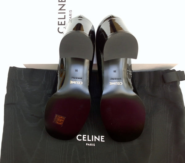 Celine Lily Black Patent Triomphe Babies Block Heels 65 New in Box