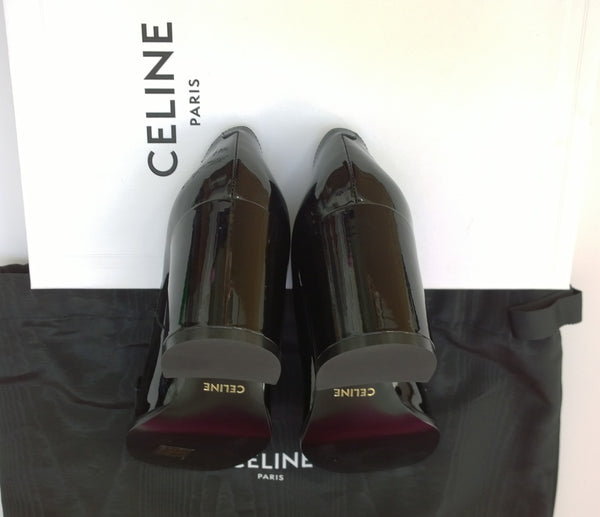 Celine Lily Black Patent Triomphe Babies Block Heels 65 New in Box