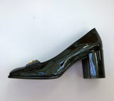 Celine Lily Black Patent Triomphe Babies Block Heels 65 New in Box