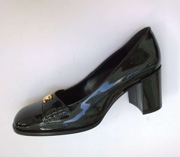 Celine Lily Black Patent Triomphe Babies Block Heels 65 New in Box