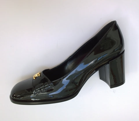 Celine Lily Black Patent Triomphe Babies Block Heels 65 New in Box