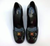 Celine Lily Black Patent Triomphe Babies Block Heels 65 New in Box