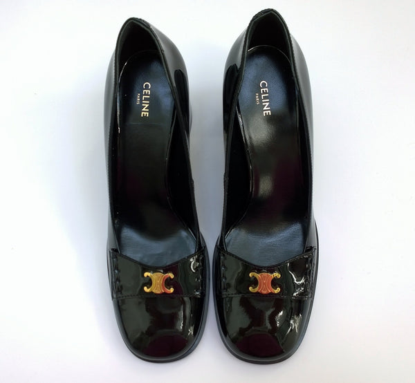 Celine Lily Black Patent Triomphe Babies Block Heels 65 New in Box