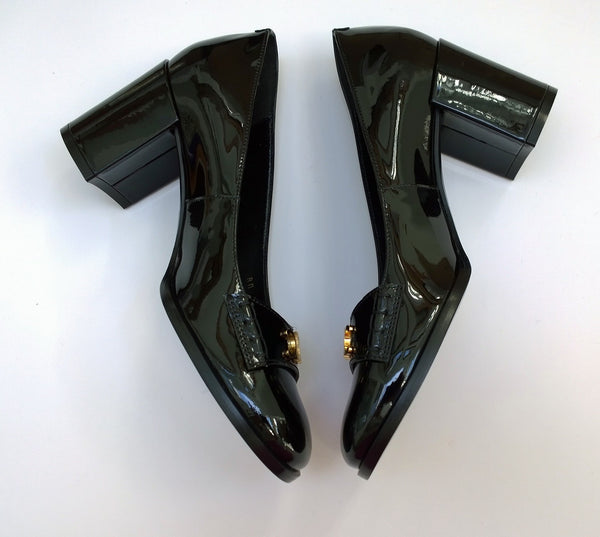 Celine Lily Black Patent Triomphe Babies Block Heels 65 New in Box