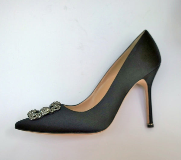 Manolo Blahnik 105 Hangisi Black Satin Rhinestone Buckle High Heels New in Box