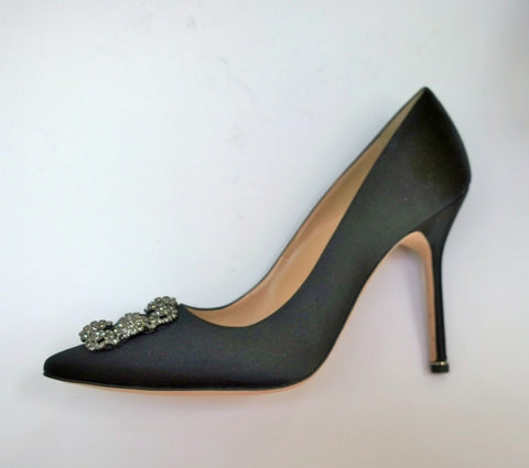 Manolo Blahnik 105 Hangisi Black Satin Rhinestone Buckle High Heels New in Box