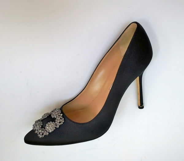 Manolo Blahnik 105 Hangisi Black Satin Rhinestone Buckle High Heels New in Box
