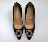 Manolo Blahnik 105 Hangisi Black Satin Rhinestone Buckle High Heels New in Box