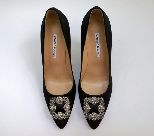 Manolo Blahnik 105 Hangisi Black Satin Rhinestone Buckle High Heels New in Box