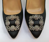 Manolo Blahnik 105 Hangisi Black Satin Rhinestone Buckle High Heels New in Box