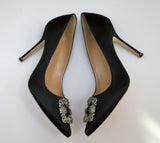 Manolo Blahnik 105 Hangisi Black Satin Rhinestone Buckle High Heels New in Box