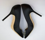 Manolo Blahnik 105 Hangisi Black Satin Rhinestone Buckle High Heels New in Box